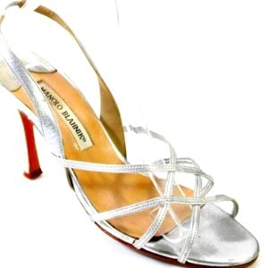 Manolo Blahnik Womens Leather Strappy Sandal Heels Silver Size 38.5 8.5